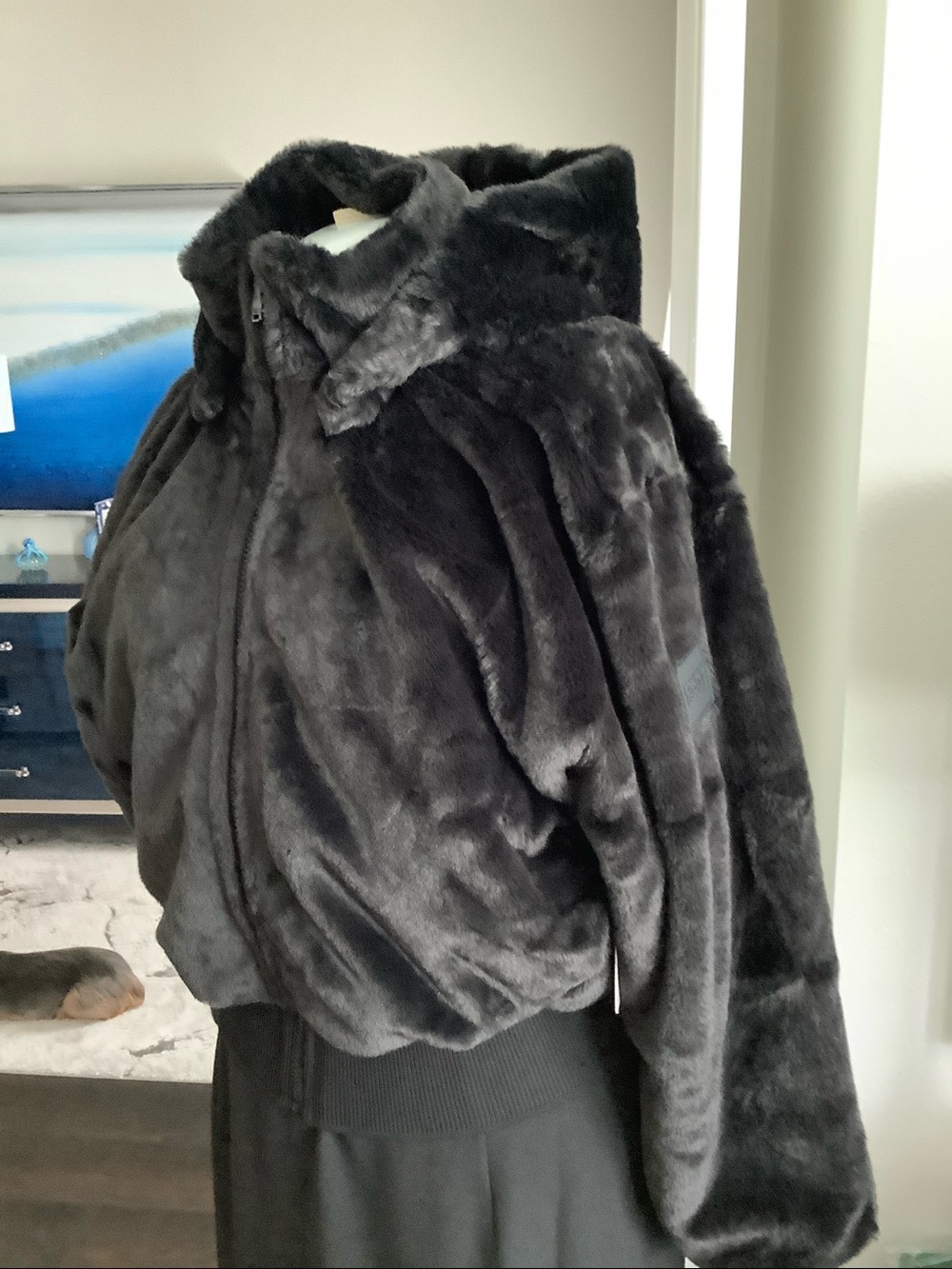 DKNYC Black Plush Faux Fur Bomber Jacket